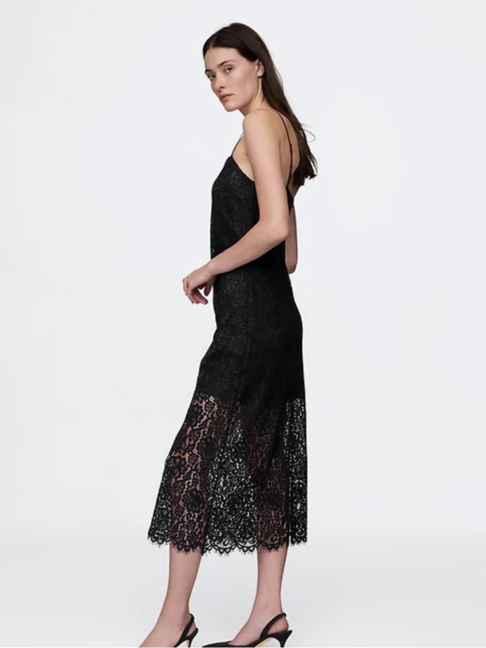 GAP Black Lace Midi Slip Dress with Sheer Lace Skirt